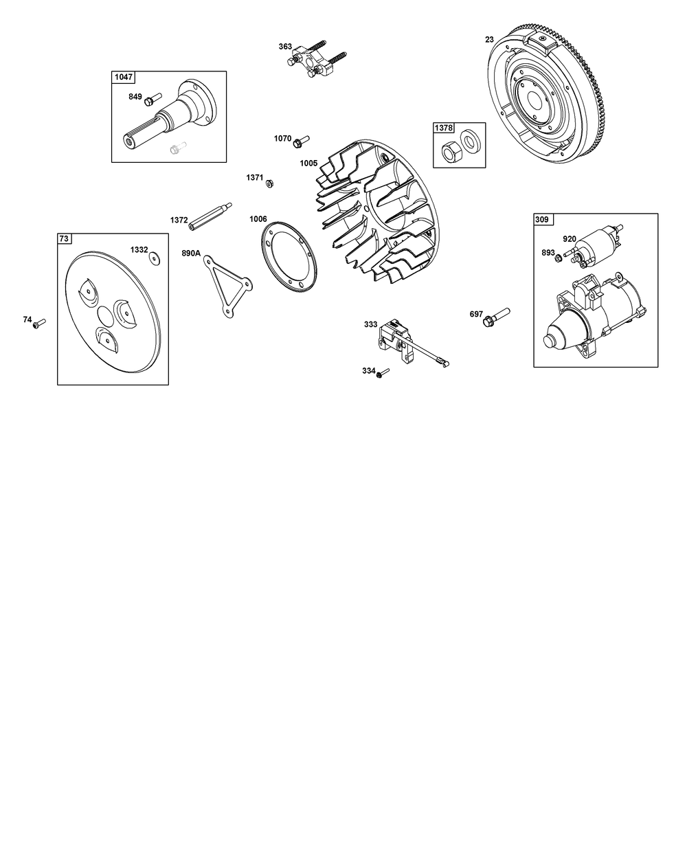 Flywheel, Ignition, And Starter Group Diagram and Parts List for 540477-2120-G1 400000 - 699999 Briggs and Stratton Engine